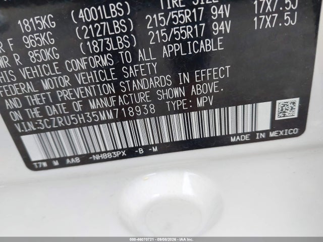 46070721 :رقم المزاد ، 3CZRU5H35MM718938 vin ، 2021 Honda Hr-v 2wd Lx مزاد بيع