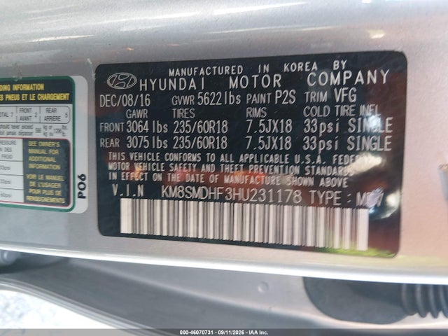 46070731 :رقم المزاد ، KM8SMDHF3HU231178 vin ، 2017 Hyundai Santa Fe Se مزاد بيع