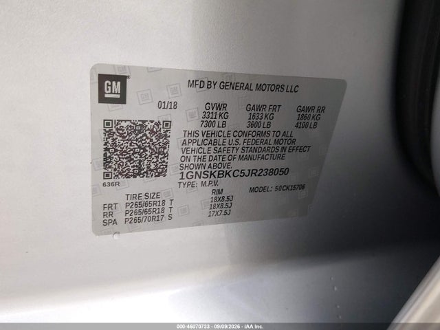 46070733 :رقم المزاد ، 1GNSKBKC5JR238050 vin ، 2018 Chevrolet Tahoe Lt مزاد بيع