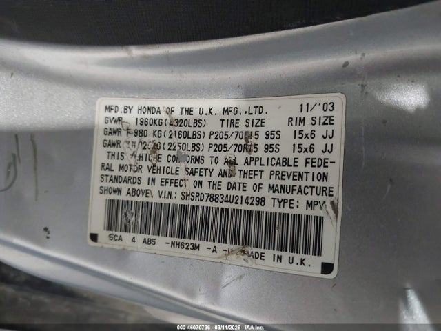 Продаж на аукціоні авто 2004 Honda Cr-v Ex, vin: SHSRD78834U214298, номер лоту: 46070736