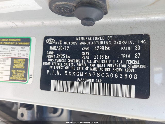 Aukcja sprzedaży 2012 Kia Optima Lx, vin: 5XXGM4A78CG063808, numer aukcji: 46070743