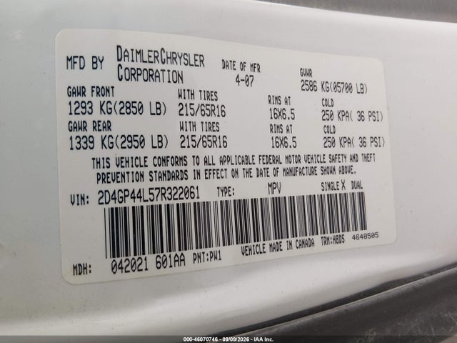 2007 Dodge Grand Caravan Sxt მანქანა იყიდება აუქციონზე, vin: 2D4GP44L57R322061, აუქციონის ნომერი: 46070746