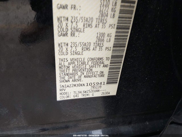 Продажа на аукционе авто 2019 Nissan Murano Platinum, vin: 5N1AZ2MJ0KN105941, номер лота: 46070750