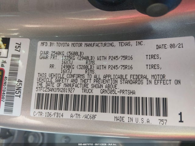 46070753 :رقم المزاد ، 5TFCZ5AN1MX281927 vin ، 2021 Toyota Tacoma Sr V6 مزاد بيع