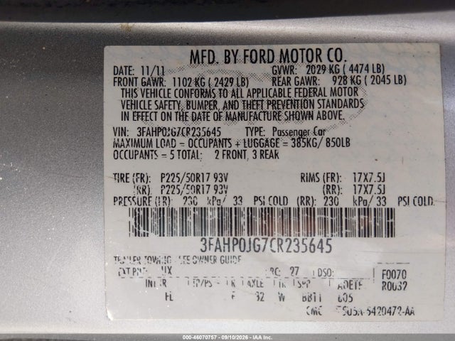 Aukcja sprzedaży 2012 Ford Fusion Sel, vin: 3FAHP0JG7CR235645, numer aukcji: 46070757