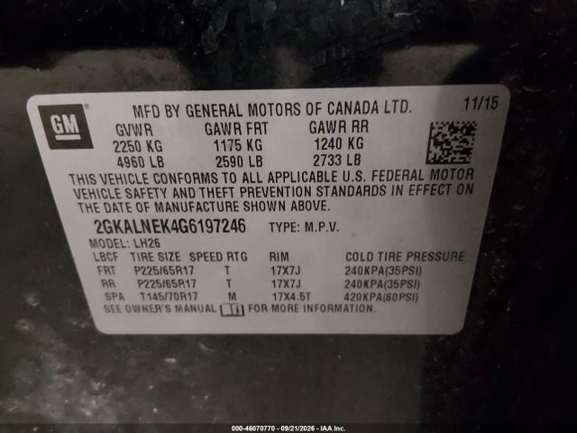 Aukcja sprzedaży 2016 Gmc Terrain Sle-2, vin: 2GKALNEK4G6197246, numer aukcji: 46070770