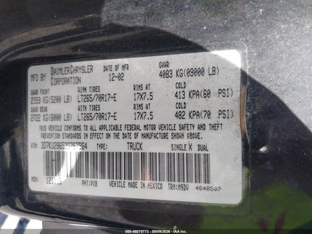 Aukcja sprzedaży 2003 Dodge Ram 2500 Slt/laramie/st, vin: 3D7KU28653G767964, numer aukcji: 46070773