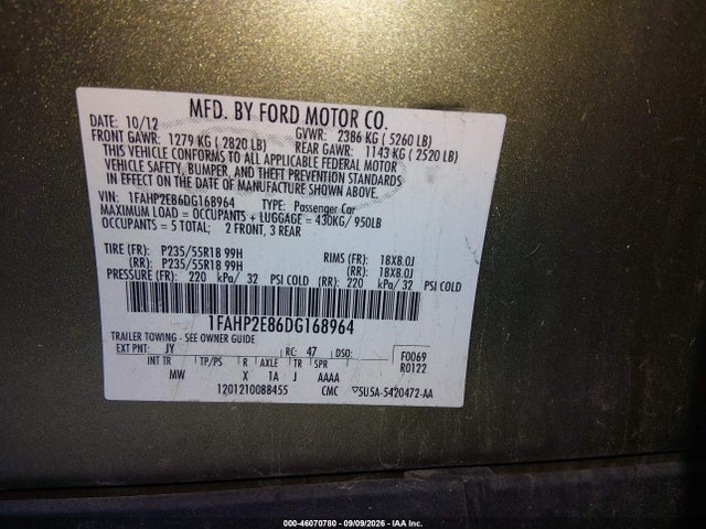 2013 Ford Taurus Sel მანქანა იყიდება აუქციონზე, vin: 1FAHP2E86DG168964, აუქციონის ნომერი: 46070780