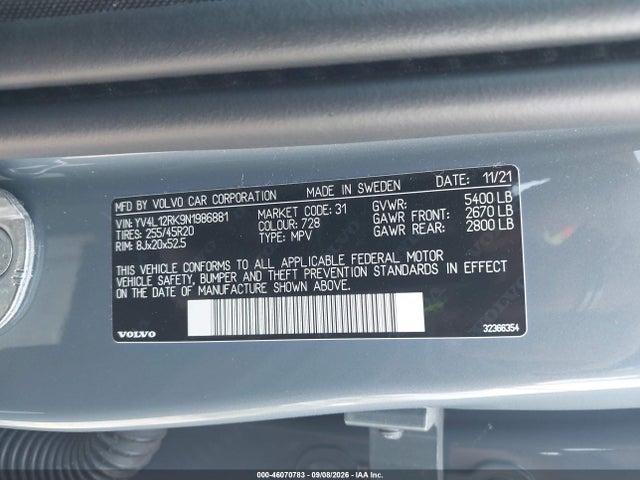 46070783 :رقم المزاد ، YV4L12RK9N1986881 vin ، 2022 Volvo Xc60 B5 Momentum مزاد بيع