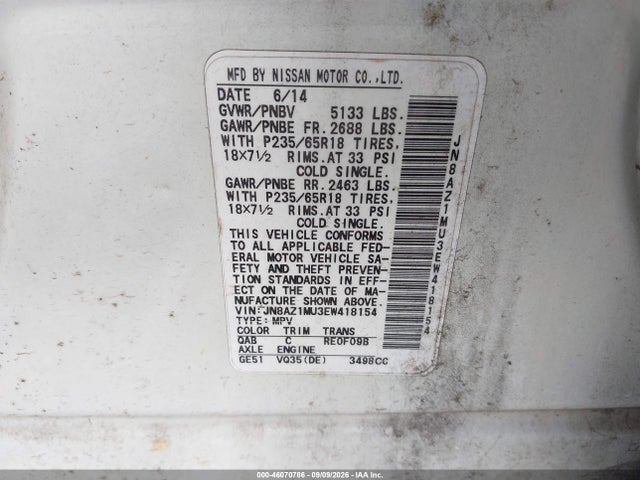 Продаж на аукціоні авто 2014 Nissan Murano Sv, vin: JN8AZ1MU3EW418154, номер лоту: 46070786