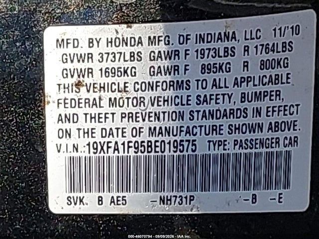 Продажа на аукционе авто 2011 Honda Civic Ex-l, vin: 19XFA1F95BE019575, номер лота: 46070794