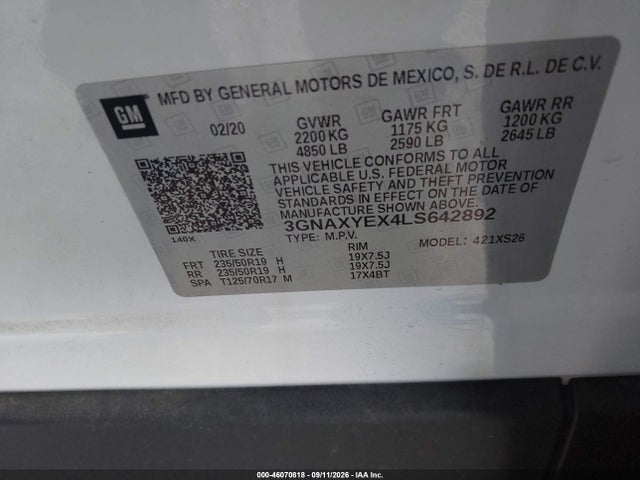 Aukcja sprzedaży 2020 Chevrolet Equinox Premier, vin: 3GNAXYEX4LS642892, numer aukcji: 46070818