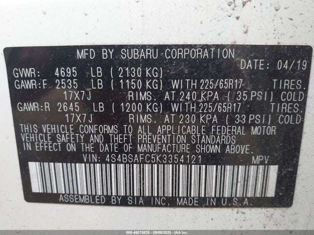 46070825 :رقم المزاد ، 4S4BSAFC5K3354121 vin ، 2019 Subaru Outback 2.5i Premium مزاد بيع
