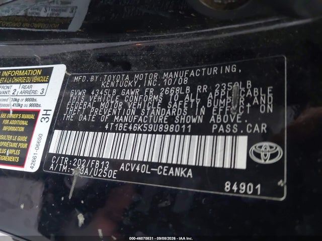 46070831 :رقم المزاد ، 4T1BE46K59U898011 vin ، 2009 Toyota Camry Le مزاد بيع