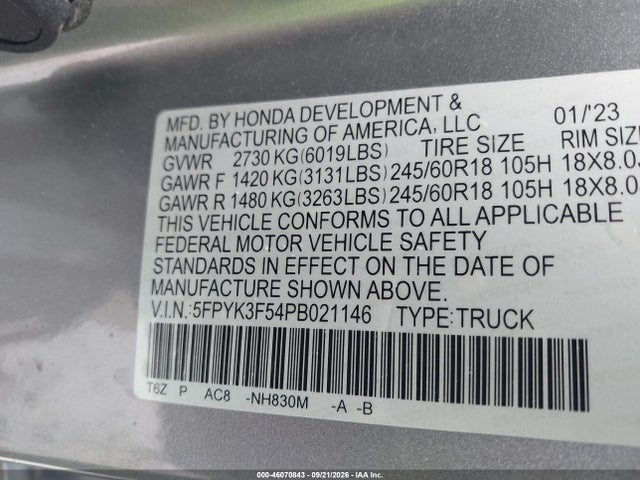 2023 Honda Ridgeline Rtl მანქანა იყიდება აუქციონზე, vin: 5FPYK3F54PB021146, აუქციონის ნომერი: 46070843