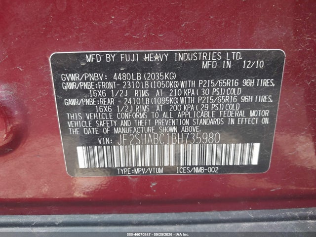 Продаж на аукціоні авто 2011 Subaru Forester 2.5x, vin: JF2SHABC1BH735980, номер лоту: 46070847