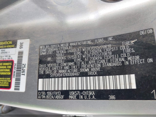 2008 Toyota Tundra Base 5.7l V8 მანქანა იყიდება აუქციონზე, vin: 5TFCV54128X008487, აუქციონის ნომერი: 46070855
