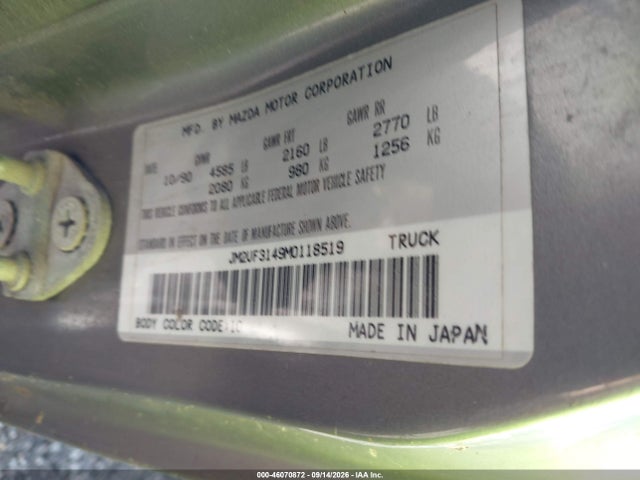 46070872 :رقم المزاد ، JM2UF3149M0118519 vin ، 1991 Mazda B2600 Cab Plus مزاد بيع