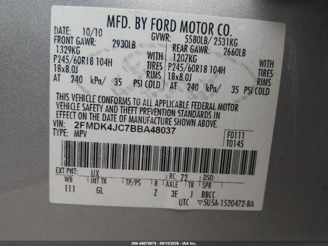 2011 Ford Edge Sel მანქანა იყიდება აუქციონზე, vin: 2FMDK4JC7BBA48037, აუქციონის ნომერი: 46070875
