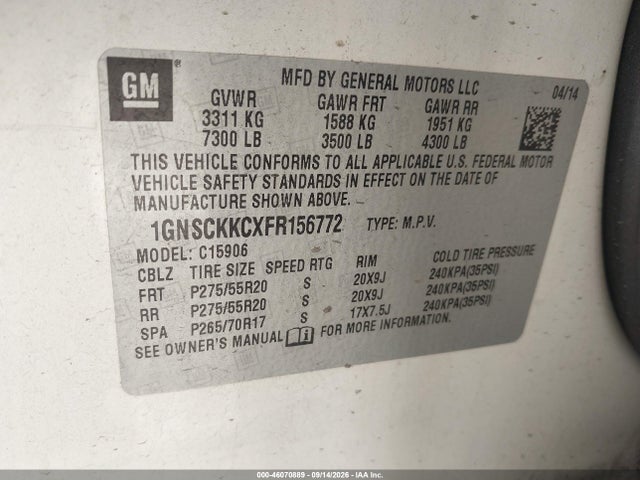 Aukcja sprzedaży 2015 Chevrolet Suburban 1500 Ltz, vin: 1GNSCKKCXFR156772, numer aukcji: 46070889