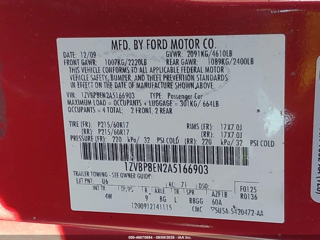 Продаж на аукціоні авто 2010 Ford Mustang V6/v6 Premium, vin: 1ZVBP8EN2A5166903, номер лоту: 46070894