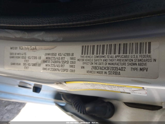 2015 Fiat 500l Lounge მანქანა იყიდება აუქციონზე, vin: ZFBCFACH3FZ035402, აუქციონის ნომერი: 46070907