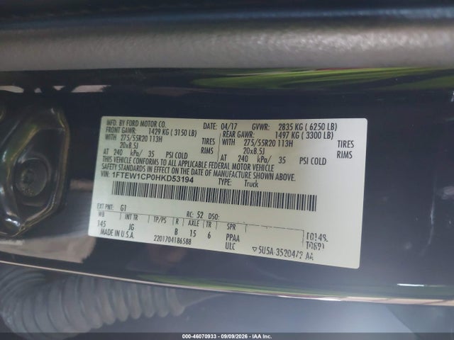 46070933 :رقم المزاد ، 1FTEW1CP0HKD53194 vin ، 2017 Ford F-150 Xl مزاد بيع