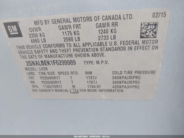 46070940 :رقم المزاد ، 2GNALBEK1F6299989 vin ، 2015 Chevrolet Equinox 1lt مزاد بيع