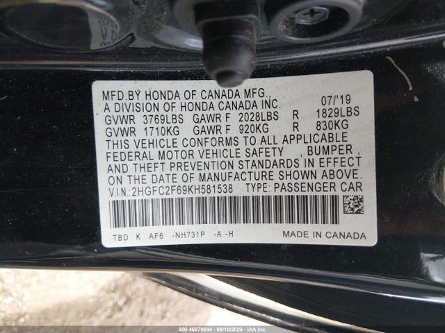 2019 Honda Civic Lx მანქანა იყიდება აუქციონზე, vin: 2HGFC2F69KH581538, აუქციონის ნომერი: 46070944