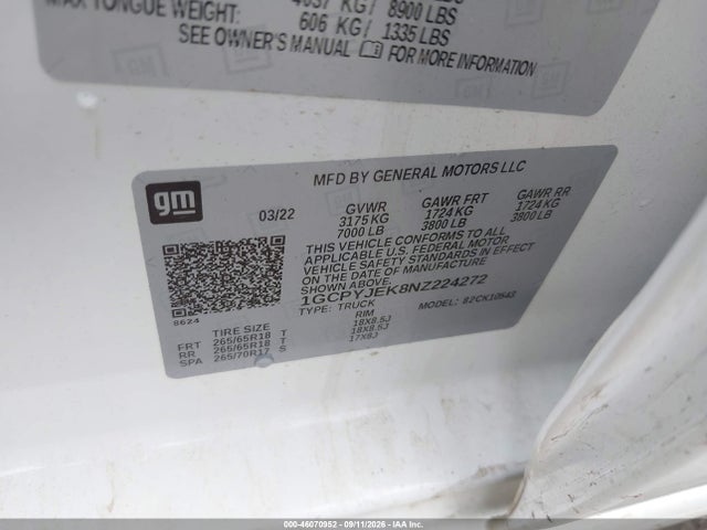 46070952 :رقم المزاد ، 1GCPYJEK8NZ224272 vin ، 2022 Chevrolet Silverado 1500 Ltd 4wd  Short Bed Lt With 2fl مزاد بيع