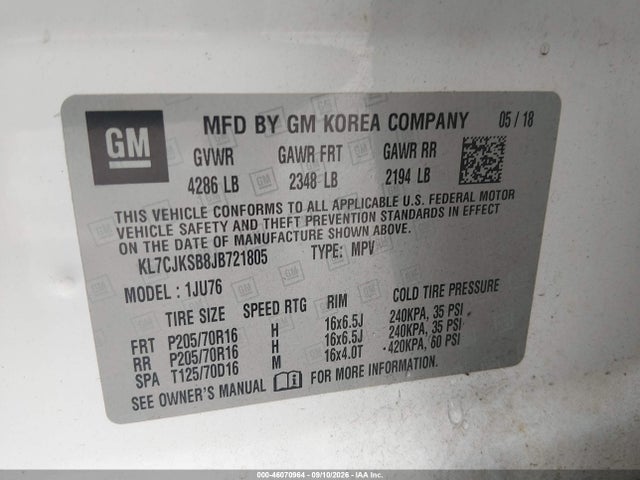 Продаж на аукціоні авто 2018 Chevrolet Trax Ls, vin: KL7CJKSB8JB721805, номер лоту: 46070964