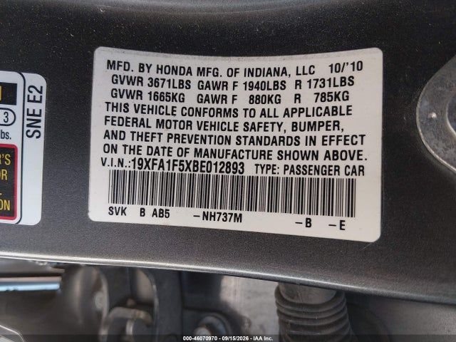 Aukcja sprzedaży 2011 Honda Civic Lx, vin: 19XFA1F5XBE012893, numer aukcji: 46070970