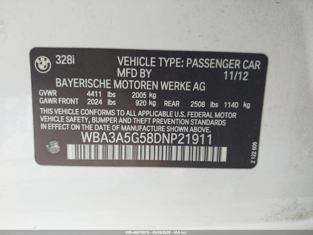 Aukcja sprzedaży 2013 Bmw 328i, vin: WBA3A5G58DNP21911, numer aukcji: 46070976