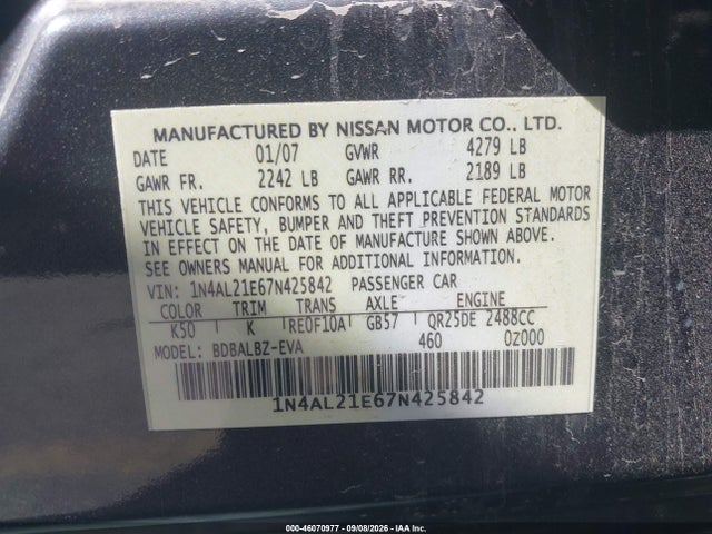 46070977 :رقم المزاد ، 1N4AL21E67N425842 vin ، 2007 Nissan Altima 2.5 S مزاد بيع