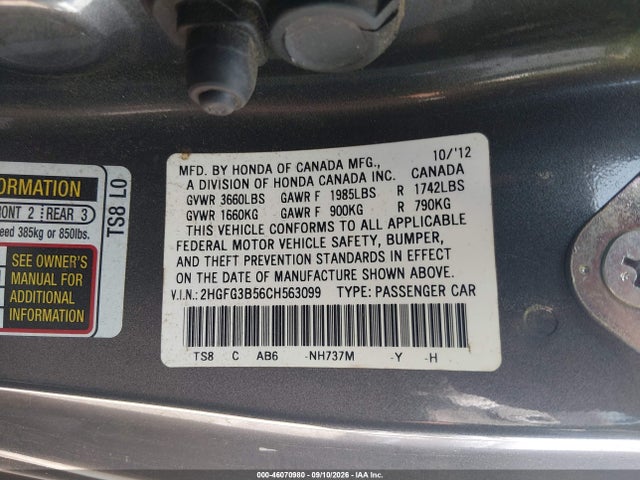 2012 Honda Civic Lx მანქანა იყიდება აუქციონზე, vin: 2HGFG3B56CH563099, აუქციონის ნომერი: 46070980