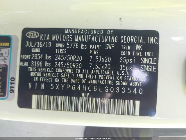 46070981 :رقم المزاد ، 5XYP64HC6LG033540 vin ، 2020 Kia Telluride S مزاد بيع
