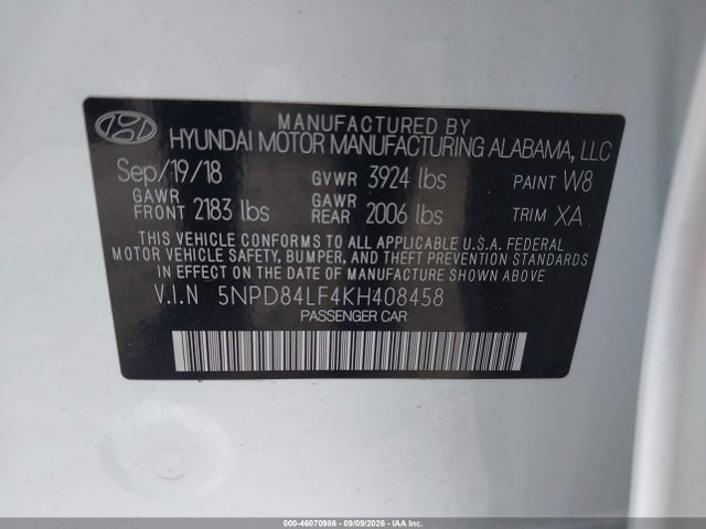 Продаж на аукціоні авто 2019 Hyundai Elantra Sel, vin: 5NPD84LF4KH408458, номер лоту: 46070986