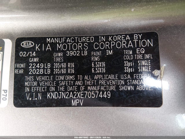 Aukcja sprzedaży 2014 Kia Soul, vin: KNDJN2A2XE7057449, numer aukcji: 46070992