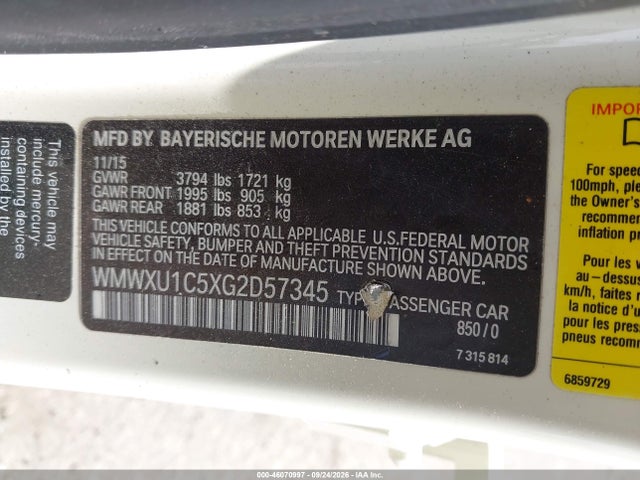 46070997 :رقم المزاد ، WMWXU1C5XG2D57345 vin ، 2016 Mini Hardtop Cooper مزاد بيع