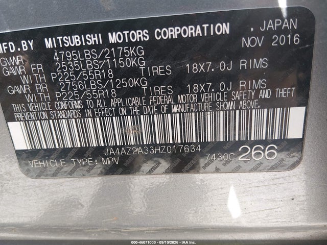 2017 Mitsubishi Outlander Es მანქანა იყიდება აუქციონზე, vin: JA4AZ2A33HZ017634, აუქციონის ნომერი: 46071000