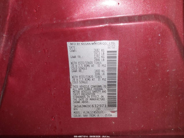 Продаж на аукціоні авто 2013 Nissan Pathfinder Platinum, vin: 5N1AR2MM2DC632971, номер лоту: 46071014