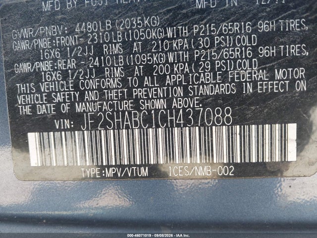 46071019 :رقم المزاد ، JF2SHABC1CH437088 vin ، 2012 Subaru Forester 2.5x مزاد بيع