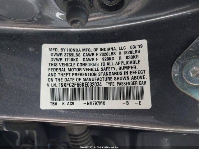 Aukcja sprzedaży 2019 Honda Civic Lx, vin: 19XFC2F66KE032034, numer aukcji: 46071023