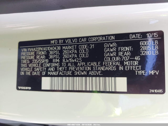 Продаж на аукціоні авто 2016 Volvo Xc90 T6 Momentum, vin: YV4A22PK4G1040438, номер лоту: 46071036