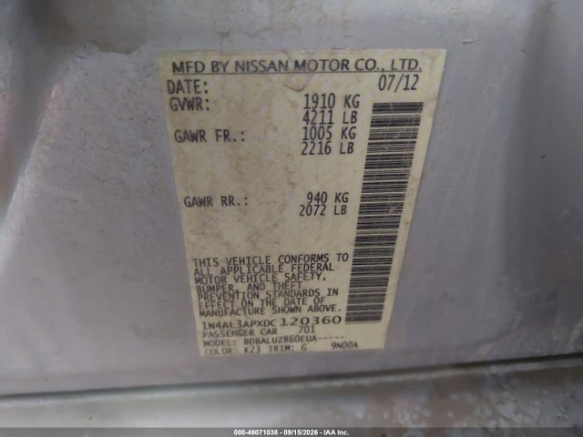 46071038 :رقم المزاد ، 1N4AL3APXDC120360 vin ، 2013 Nissan Altima 2.5 Sv مزاد بيع