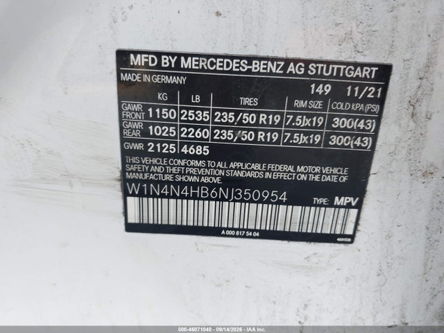 46071040 :رقم المزاد ، W1N4N4HB6NJ350954 vin ، 2022 Mercedes-benz Gla 250 4matic مزاد بيع
