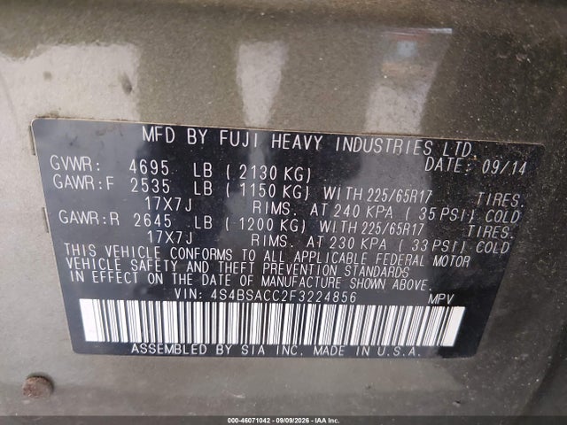 Subaru Outback 2.5i Premium 2015 4S4BSACC2F3224856 Image 9