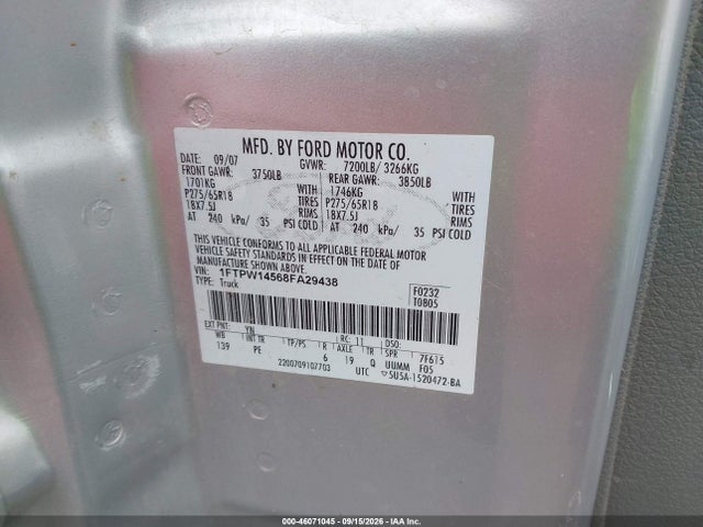 Продажа на аукционе авто 2008 Ford F-150 60th Anniversary/fx4/king Ranch/lariat/limited/xlt, vin: 1FTPW14568FA29438, номер лота: 46071045