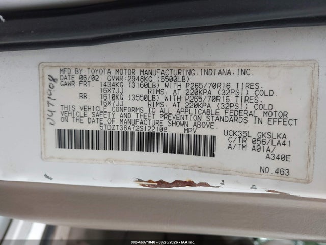 46071048 :رقم المزاد ، 5TDZT38A72S122108 vin ، 2002 Toyota Sequoia Limited V8 مزاد بيع