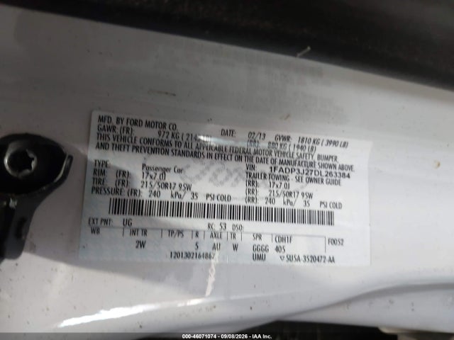 2013 Ford Focus Titanium მანქანა იყიდება აუქციონზე, vin: 1FADP3J27DL263384, აუქციონის ნომერი: 46071074